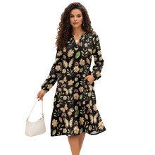 Vestido midi de manga larga con estampado de mariposas y flores para mujer, talla M