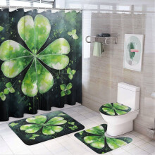 4-Pc Shamrock Shower Curtain Set w/ Rug, Toilet Cover & U-Shaped Mat – 72"x72", St. Patrick's Day Theme