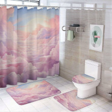 4-Pc Pastel Cloud Shower Set w/ Non-Slip Rug, Lid Cover & Bath Mat (72"x72", 12 Hooks) for Girls' Room, Nursery, Playroom