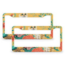 Pink Flower and Cat License Plate Cover Metal Frame 2 Pack