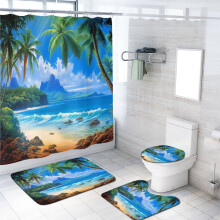 Ocean Beach Shower Curtain Set with Rugs – Tropical Palm & Seaside Landscape, Waterproof, 72x72 Inch