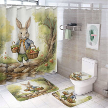 4-Pc Bathroom Rug Set w/ Shower Curtain, Non-Slip Mats & Toilet Cover – Easter Bunny Design, Farmhouse Holiday Decor