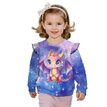Girls' Ruffle Sleeve Sweatshirt Purple Dragon Print Long