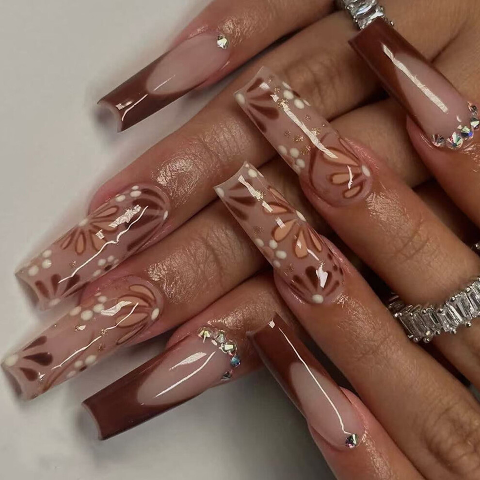 False Nails Coffin Shape Glossy French Floral 24 pcs