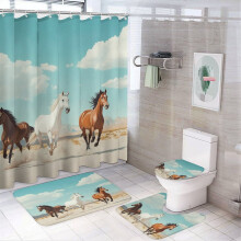 4-Pc Shower Curtain Set with Rugs, Waterproof Horse Pattern, Compatible with Standard Showers