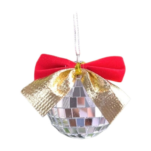 Mirror Disco Ball Ornament with Ribbon Bow Silver 1