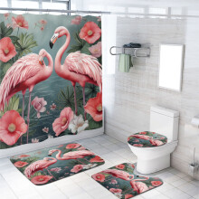 Pink Flamingo 4-Pc Shower Curtain Set w/ Non-Slip Rug, Toilet Cover & Bath Mat – Tropical Leaves Design, 72x72"