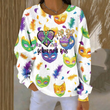 Women's Carnival Print Ribbed Knit Pullover Top Long Sleeve
