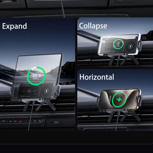 2-in-1 Auto-Rotating Folding Phone/Pad Holder, Wireless Car Mount, Compatible with iPhone & Android 1
