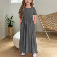 Girls Summer Dress Short Sleeve Round Neck Pocket Pleated