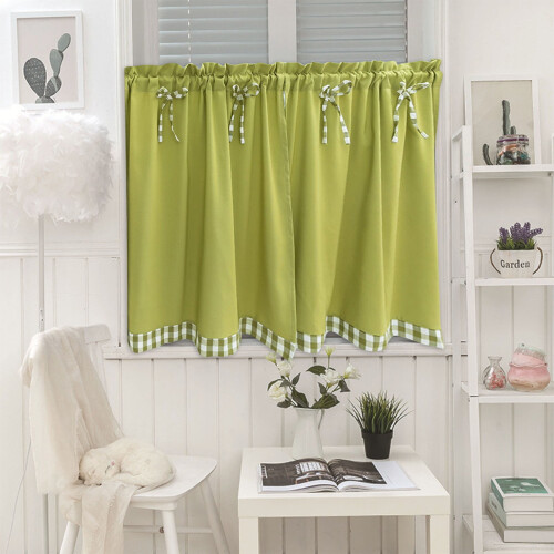 Bowknot Short Curtain with Checkered Border for Kitchen Bathroom or Small Window