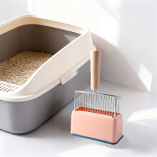 Large Metal Cat Litter Shovel with Wooden Handle, Fine Mesh Sifter, Storage Base – Gray/Pink/Blue – Compatible with Clumping Litter