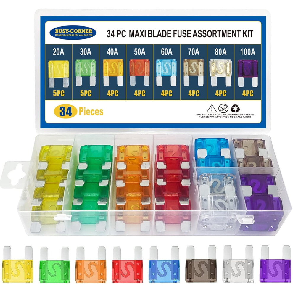 Maxi Blade Fuse Assortment Car Fuse 20A 30A 40A 50A 60A 70A 80A 100A Maxi Auto Fuse Kit 34 Pieces 9362892423710
