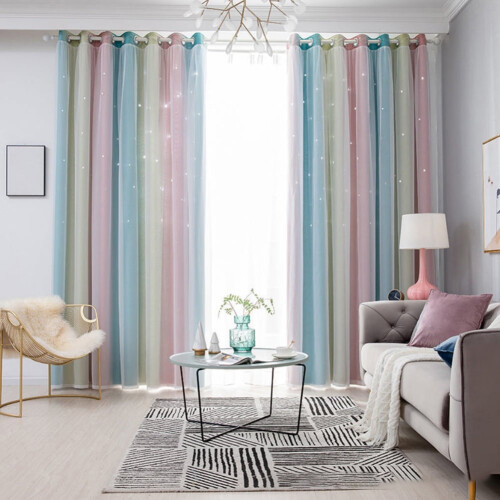 Double-Layer Rainbow Gradient Blackout Curtains Peach Green 1