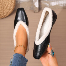 Women's Cozy Fleece Lined Winter Flat Shoes Square Toe Metallic Colors Fashion Casual Slip-On Warm Comfortable Shoes