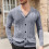 Ανδρικό Μονόχρωμο Πλεκτό Ζακέτα με V-Neck, Σχέδιο Ζακάρ, Μακρυμάνικο Πουλόβερ, 1
