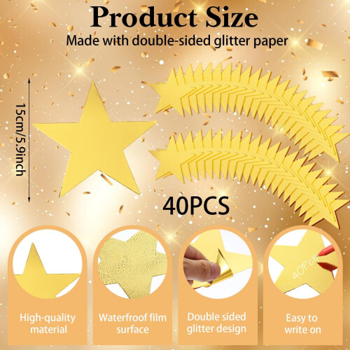 Gold Star Cutouts Double-Printed Glitter Paper 40 pcs 1