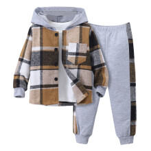 Boys Clothes Button Down Long Sleeve Hoodie Pullover Plaid Sweatshirt and Pants 2pcs Fall Winter Outfit Set Gray 4 Years