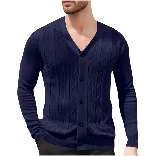 Ανδρικό Μονόχρωμο Πλεκτό Ζακέτα με V-Neck, Σχέδιο Ζακάρ, Μακρυμάνικο Πουλόβερ, 1