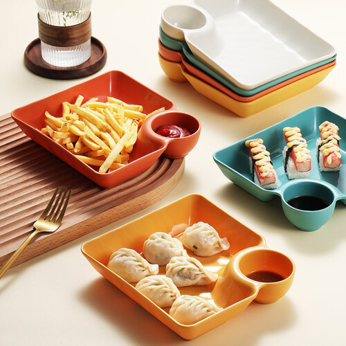 Dumpling Plate Non-slip Stackable Plastic Dipping Saucer Sushi Dish for Restaurant,Yellow 2