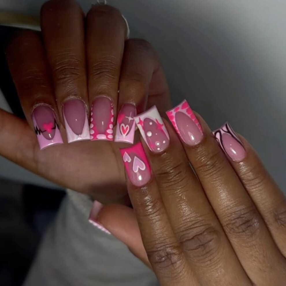 Heart and Glitter Press-On Nails Square Shape 24 pcs
