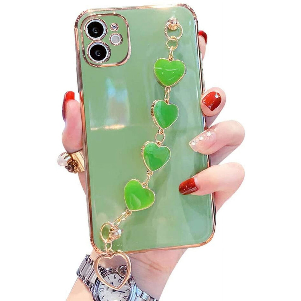 Gold Electroplated Tpu Phone Case With Hearts Chain, Compatible With Iphone 13 Â Scratch-Resistant & Shockproof, Green Green,Gold 9027700623897