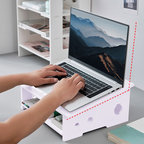 Laptop Stand,Monitor Riser,Desktop Storage Shelf,Ergonomic Wood-Plastic Laptop Holder,Space-Saving White Organizer 2