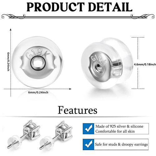18K Gold Locking Earring Backs for Studs, Silicone Hypoallergenic Replacements Compatible with Droopy Ears 1