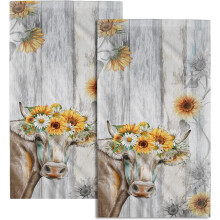 Vintage zonnebloem handdoekenset van 2, handdoeken met koeiengezicht, zachte, absorberende katoenen keukendoeken, afwasdoeken voor badkamer en