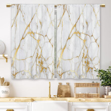 Gold Marble Kitchen Curtains, 2 Panels (27.5x36"), White Modern Texture, Rod Pocket, Compatible with Cafe & Bathroom Windows