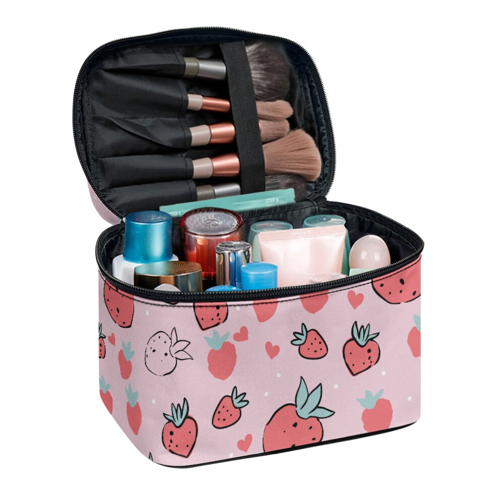Strawberry Makeup Cosmetic Bag Travel Makeup Bag with Brush Compartment Brush Slots Storage Pockets Women & Men