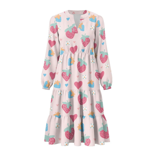 Rosa Erdbeerkleid für Damen, langärmelig, elastisch, Patchwork 1