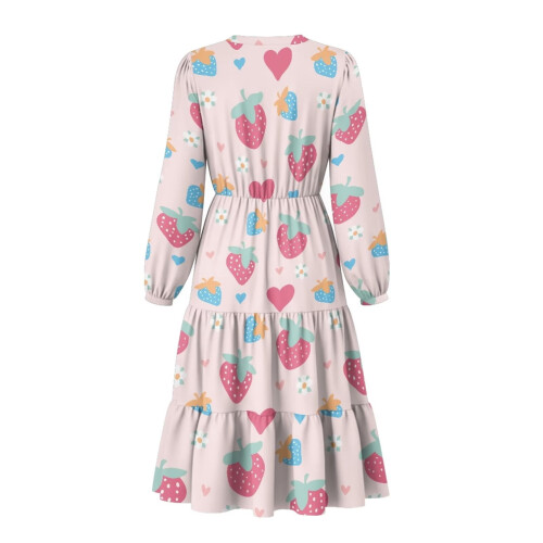 Rosa Erdbeerkleid für Damen, langärmelig, elastisch, Patchwork 2