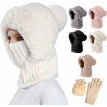 Gebreide damesmuts voor de herfst en winter, nieuwe 3-in-1 wintermuts, gezichtsmasker, capuchonsjaal en handschoenen