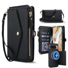Magnetické odnímateľné puzdro peňaženka pre Google Pixel9A – RFID blokovanie, vrecko na zips, crossbody kabelka, ochranná fólia na displej,
