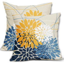 Blauwe en gele kussenslopen (20x20 cm) met witte bloemenprint, landelijke/moderne stijl, set van 2