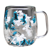 Dubbelwandige glazen beker 250 ml/390 ml, geïsoleerde transparante beker met gedroogde bloemen – artistiek warm en koud drinkgerei