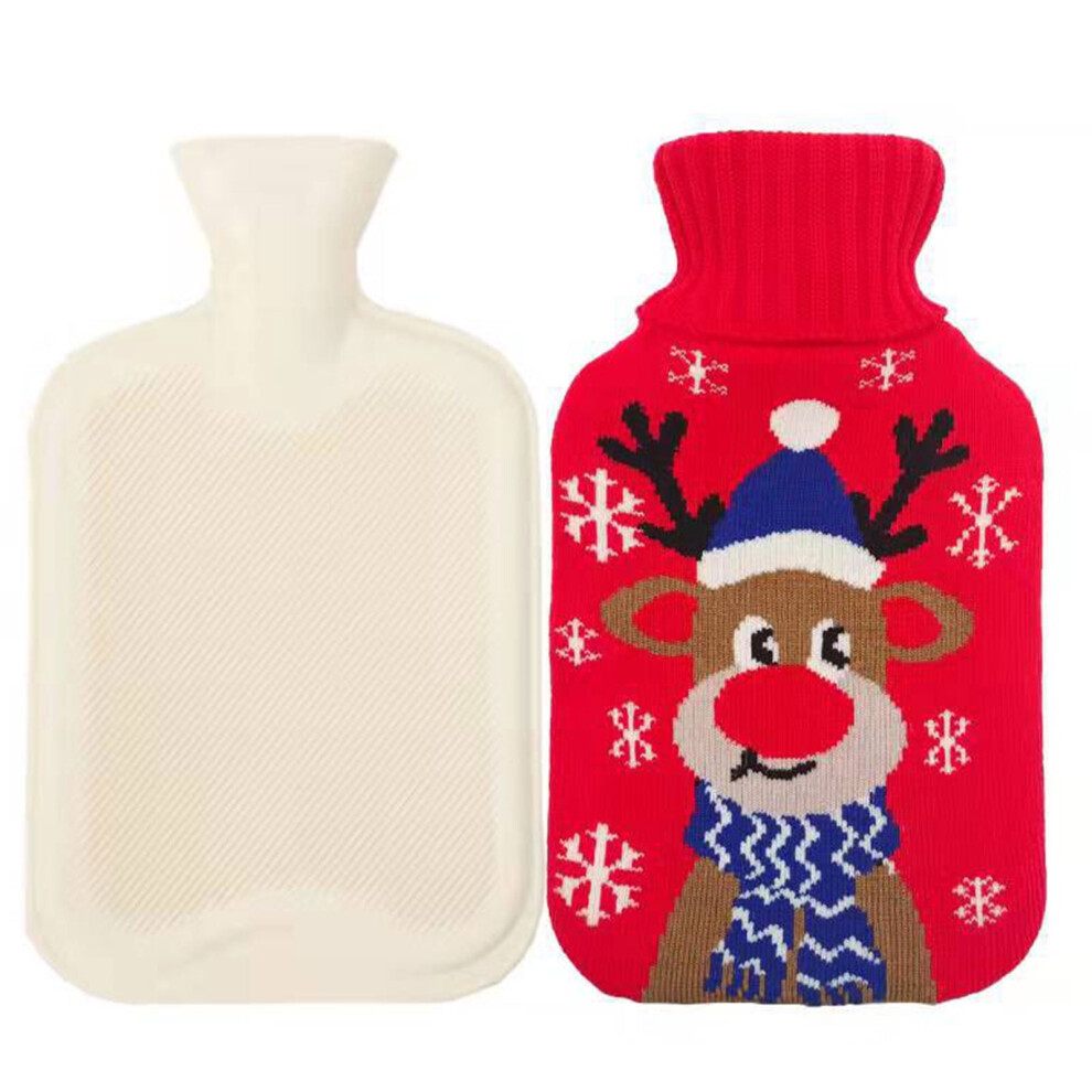 500ml/1000ml/2000ml Hot Water Bag Water-filling Warm-keeping Rubber Liner Winter Warm Water Bottle with Christmas Elk Printing Cover for Home