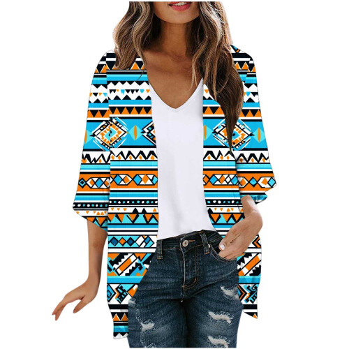 Cardigã feminino vintage estampado com mangas três-quartos e modelagem aberta. 1