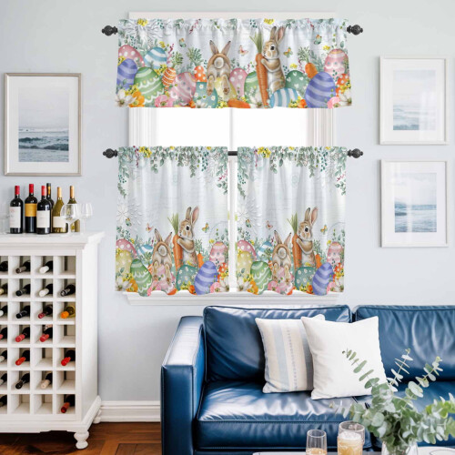 Easter Rabbit Kitchen Curtains and Valance Set Blue Floral 1