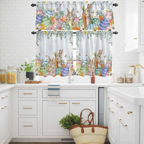 Easter Rabbit Kitchen Curtains and Valance Set Blue Floral 2
