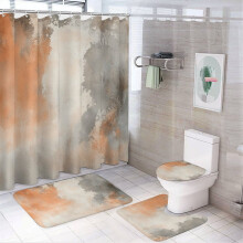 Orange & Grey Abstract Art Shower Curtain Set (4-Pc) with Non-Slip Rugs, Toilet Mat & Lid Rug – Waterproof, Durable Bathroom Decor