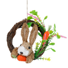 7,48 Zoll Osterkranz, Strohhasenfigur mit Rattanring und Karotte, Wand- und Tischdekoration zum Aufhängen für Zuhause, Veranda und Feiertage