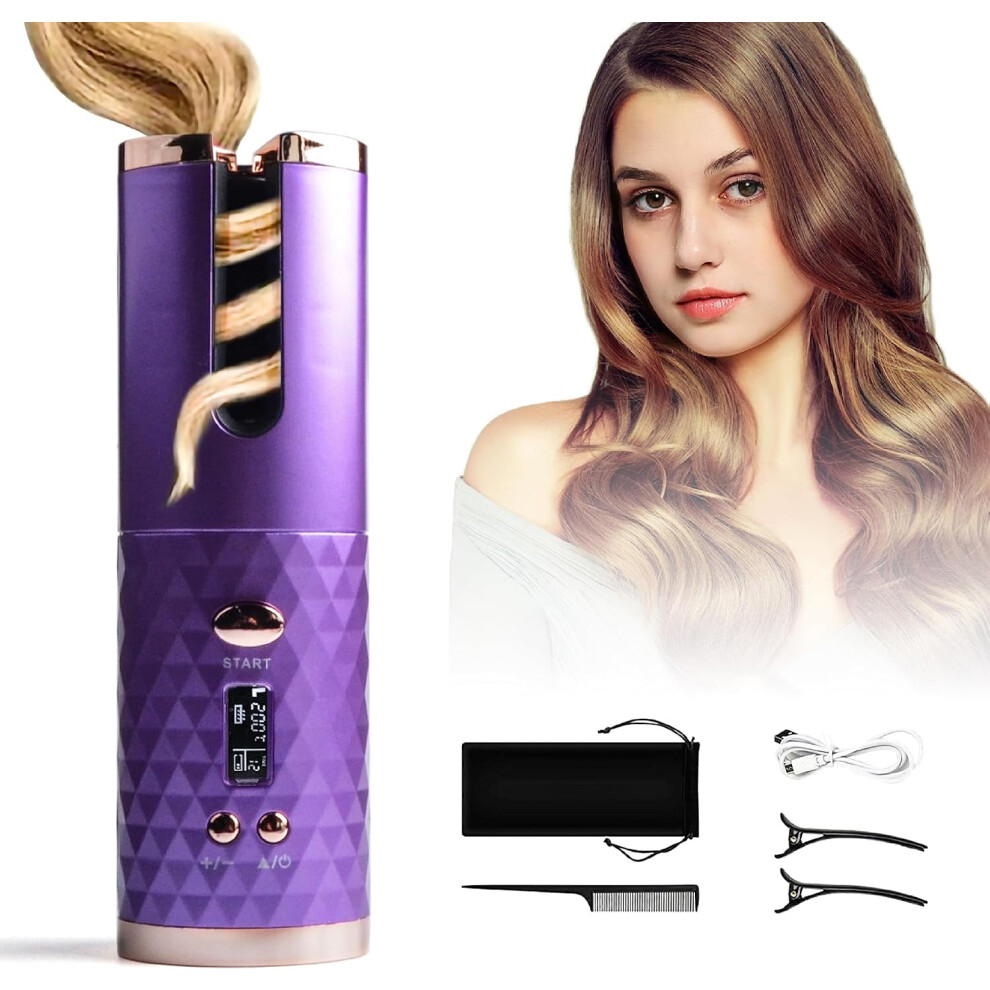 Purple Automatic Cordless Curling Iron, 6 Temp & Timer Settings, Fast Heat, Auto Shut-Off, Rechargeable Â