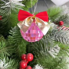 Pink 2" Mini Reflective Disco Ball Ornament with Bow – Christmas Tree Decor, Stocking Stuffer, Disco Party Gift (Compatible with standard hooks)