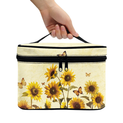 Polyester Makeup Bag with Sunflower Print and Brush Holder 1