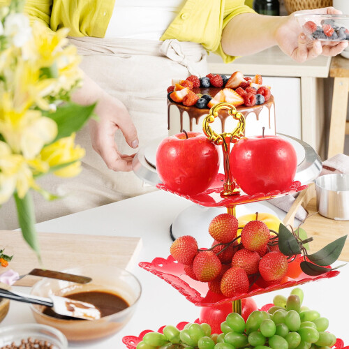 3 Tier Rustic Cupcake Stand in Red for Wedding Dessert and Cake Display 2