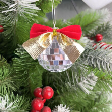 2" Silver Disco Ball Christmas Ornaments with Bow – Reflective Hanging Decor, Stocking Stuffer, Compatible with Holiday Trees