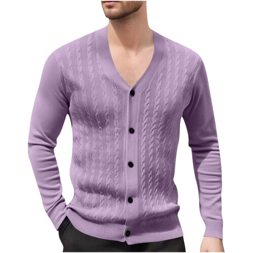 Ανδρικό Μονόχρωμο Πλεκτό Ζακέτα με V-Neck, Σχέδιο Ζακάρ, Μακρυμάνικο Πουλόβερ, 1