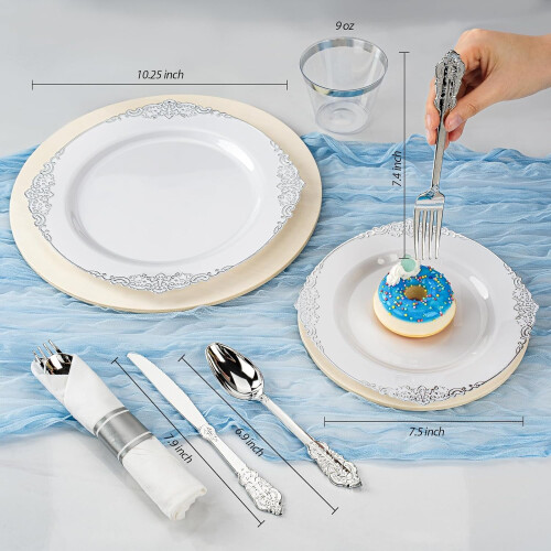 White Gold-Rim Plastic Dinnerware Set for 50 Guests 2
